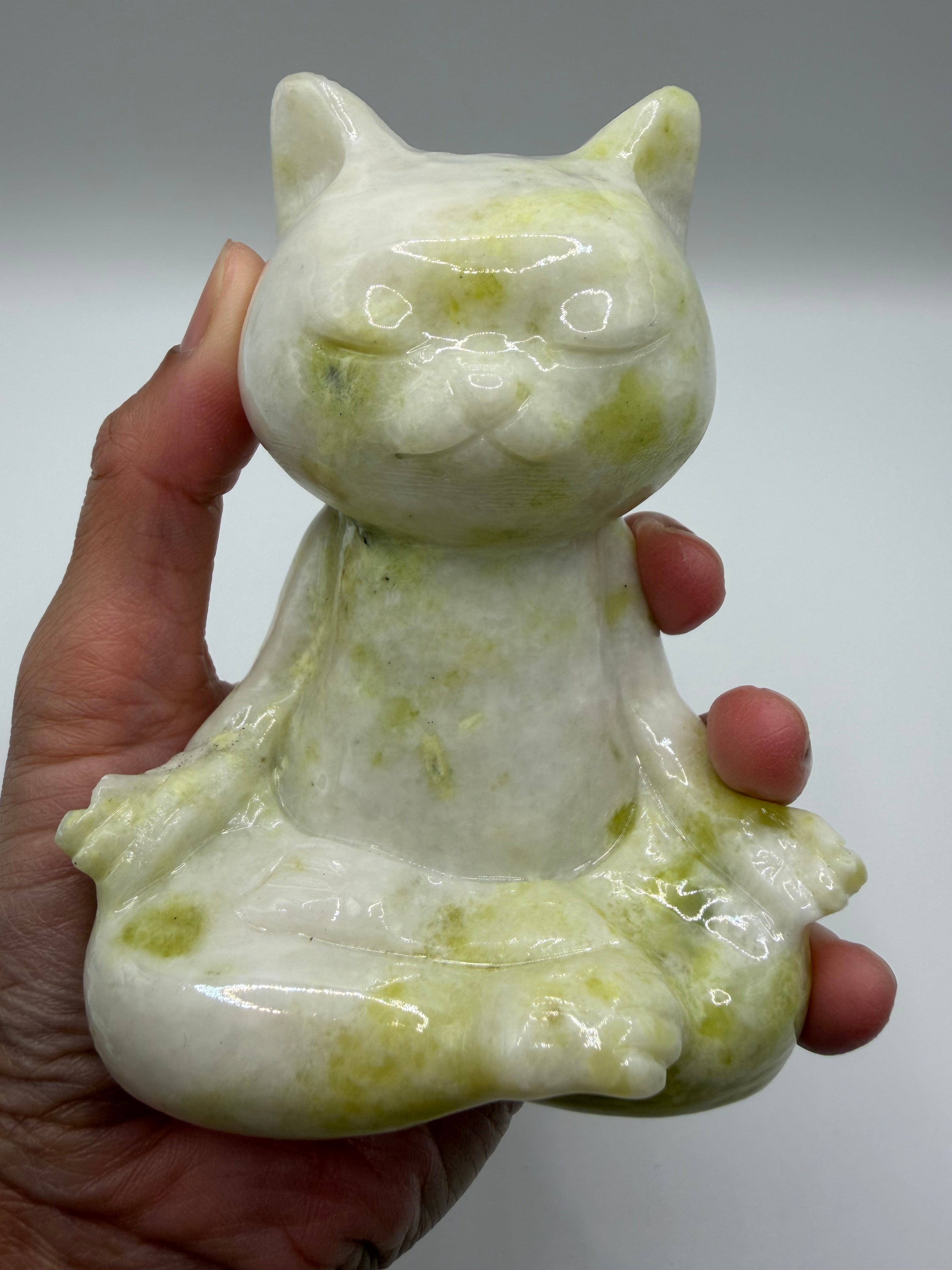 Meditating Zen Cat Lemon Serpentine Carving (Lemon Jade)