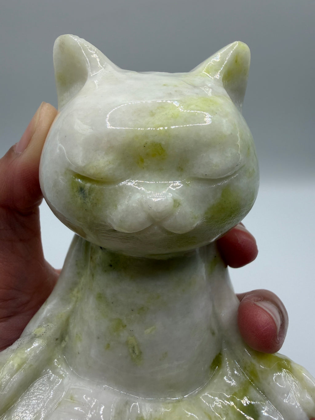 Meditating Zen Cat Lemon Serpentine Carving (Lemon Jade)