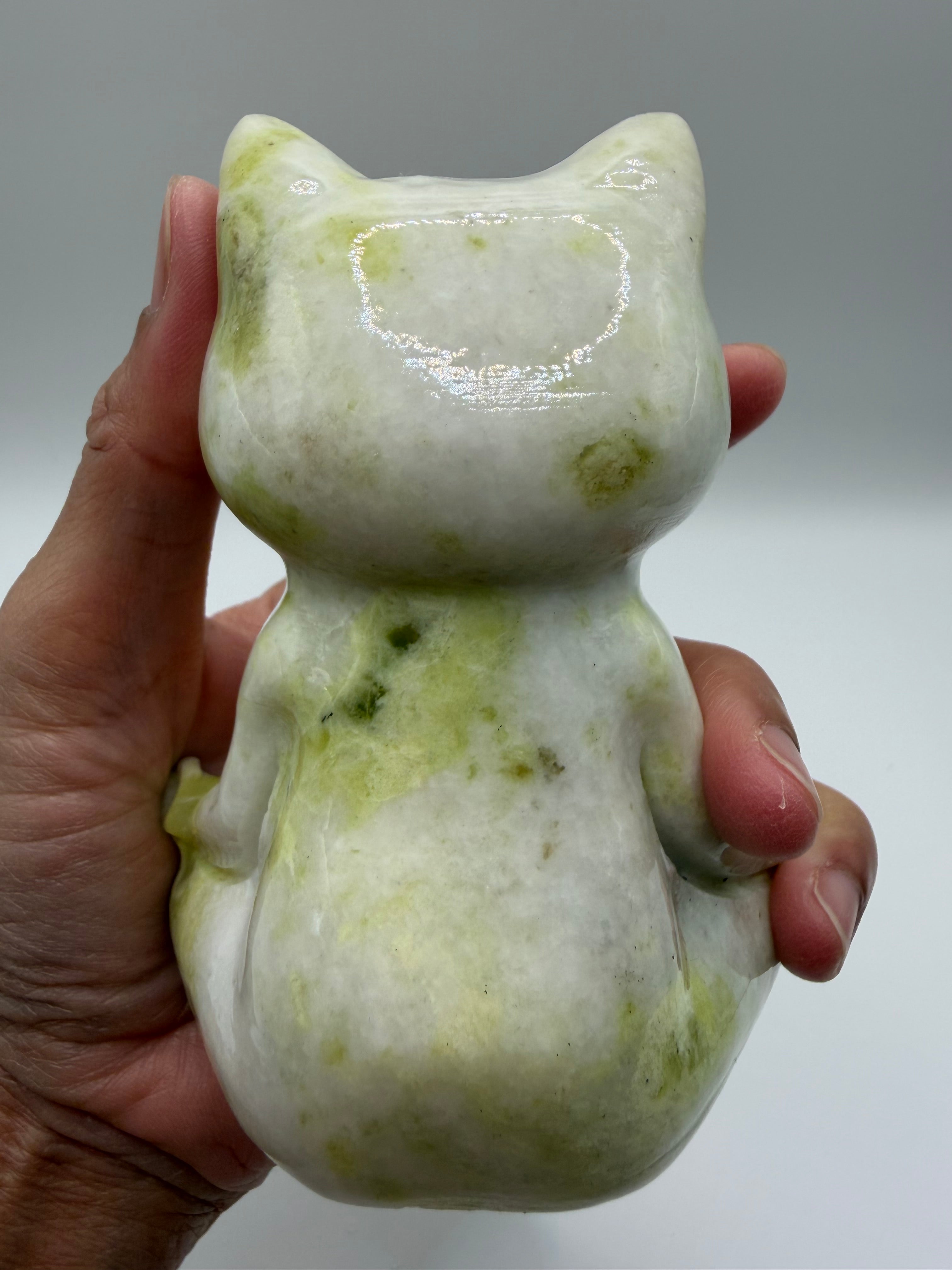 Meditating Zen Cat Lemon Serpentine Carving (Lemon Jade)