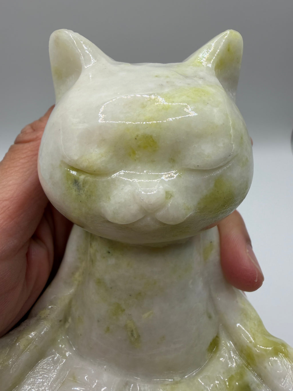 Meditating Zen Cat Lemon Serpentine Carving (Lemon Jade)