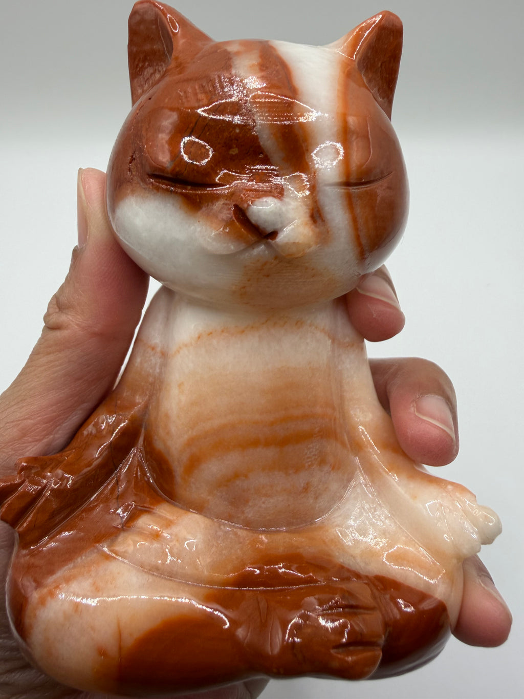 Meditating Zen Cat Orange Calcite Carving – Natural Polished Crystal Carving