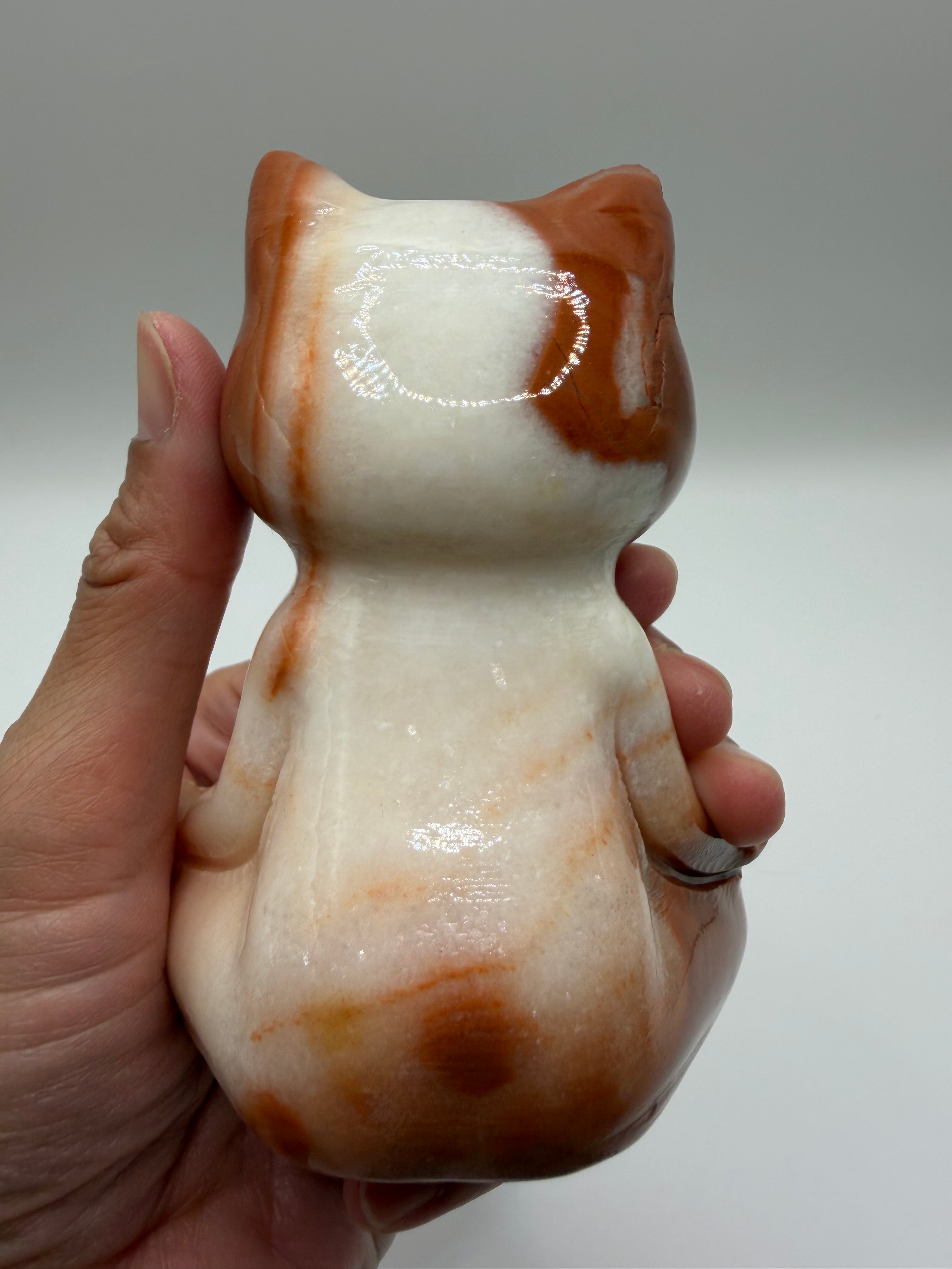 Meditating Zen Cat Orange Calcite Carving – Natural Polished Crystal Carving