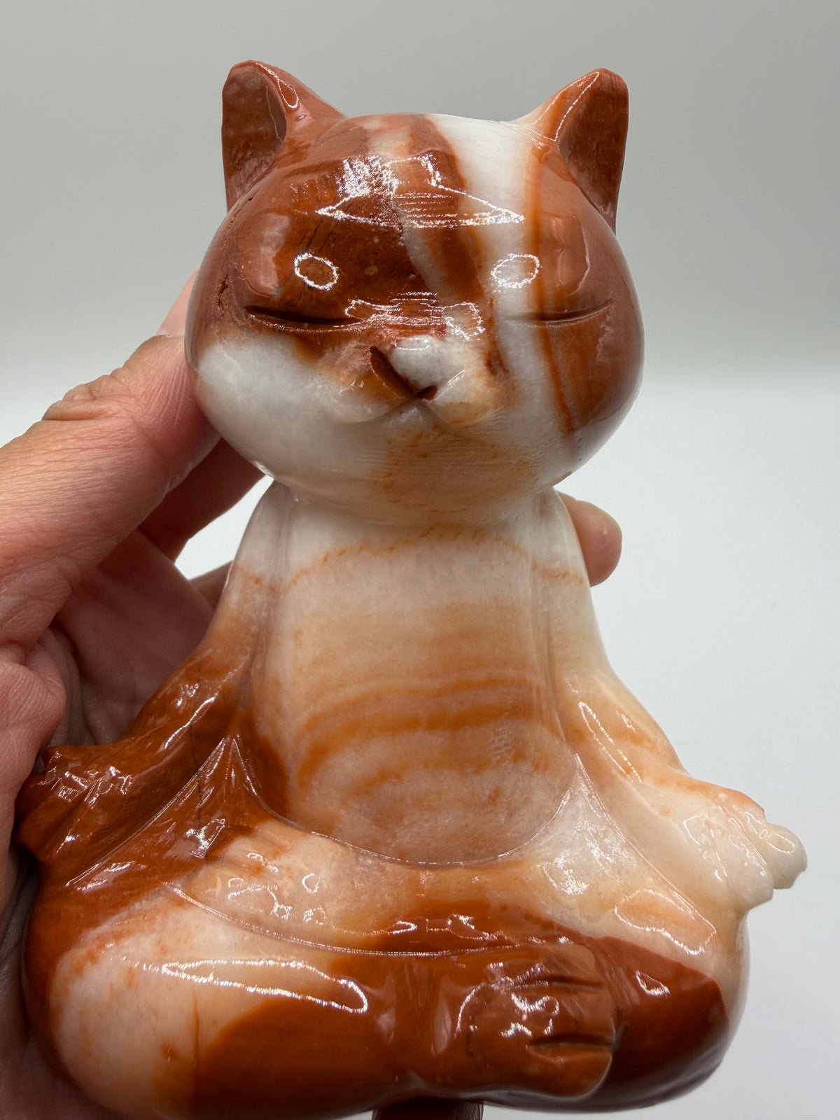 Meditating Zen Cat Orange Calcite Carving – Natural Polished Crystal Carving