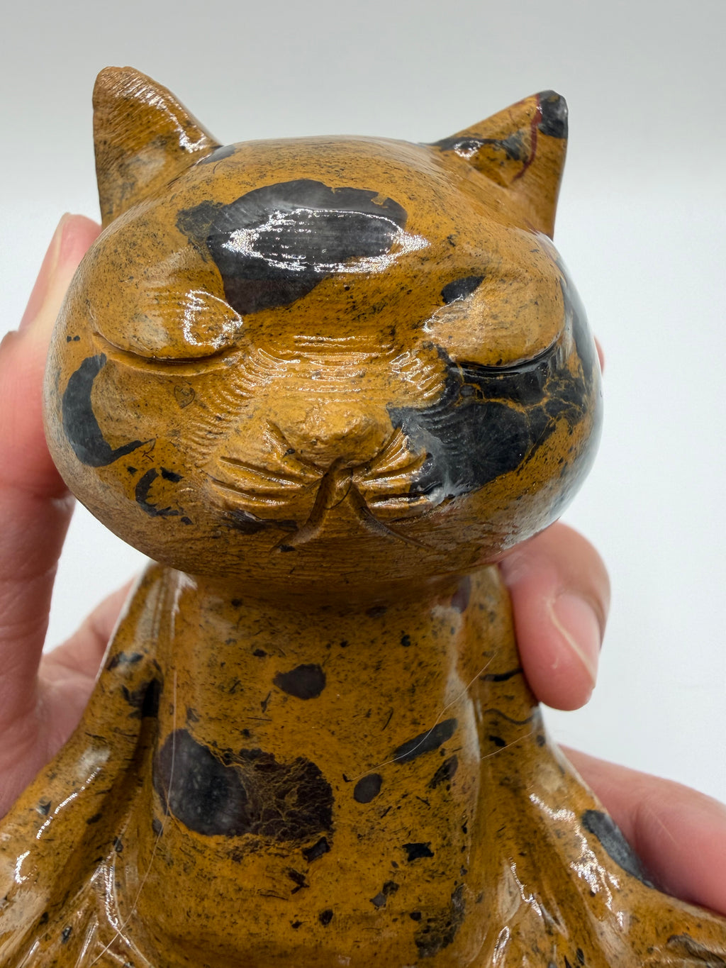 Meditating Zen Cat Yellow Jasper Carving with Dark Inclusions