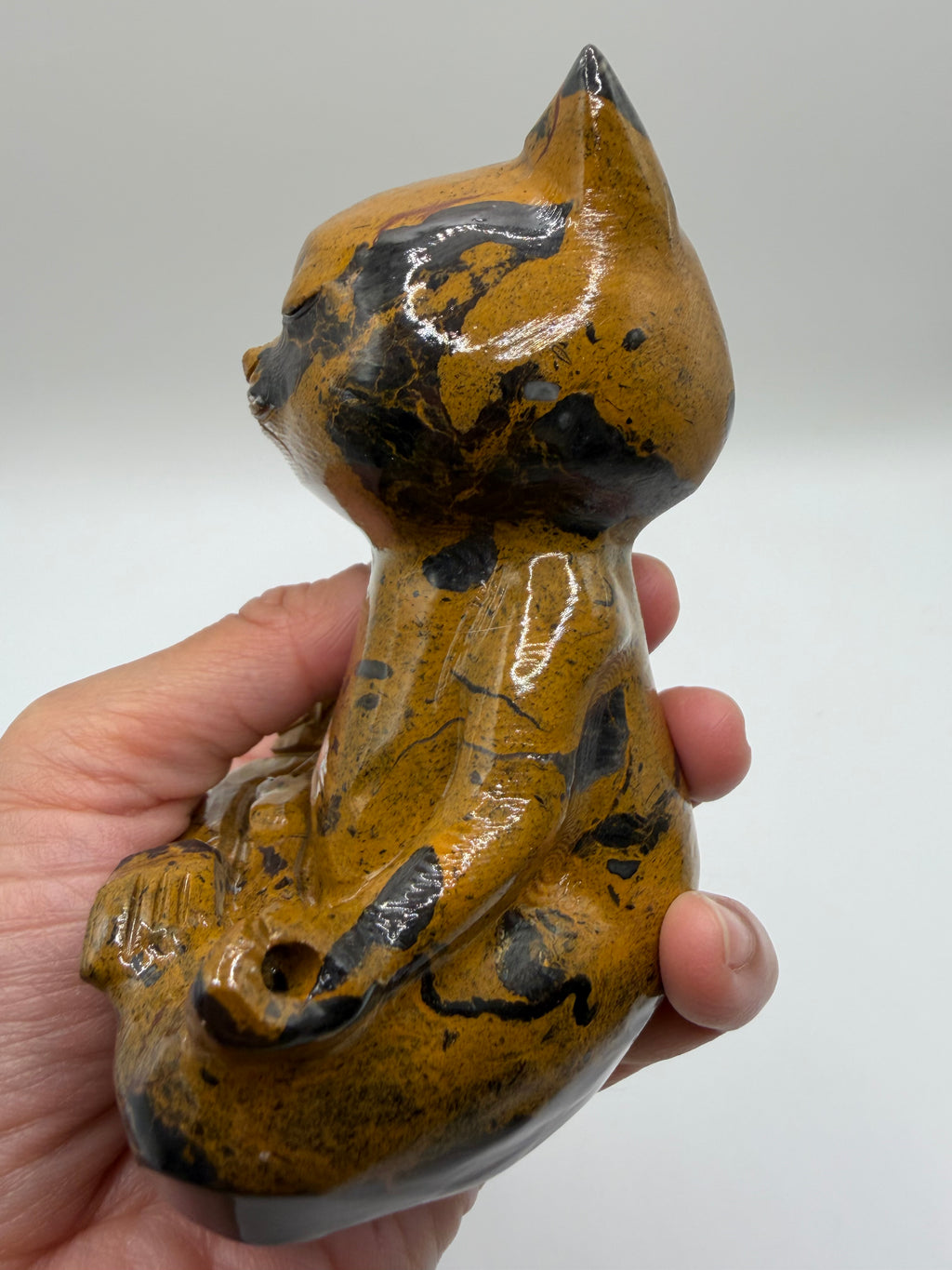 Meditating Zen Cat Yellow Jasper Carving with Dark Inclusions