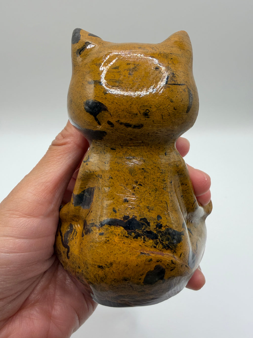Meditating Zen Cat Yellow Jasper Carving with Dark Inclusions