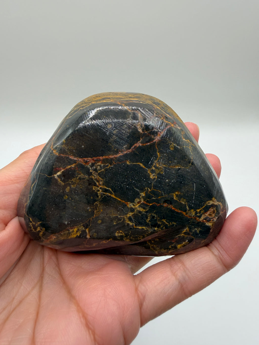 Meditating Zen Cat Yellow Jasper Carving with Dark Inclusions
