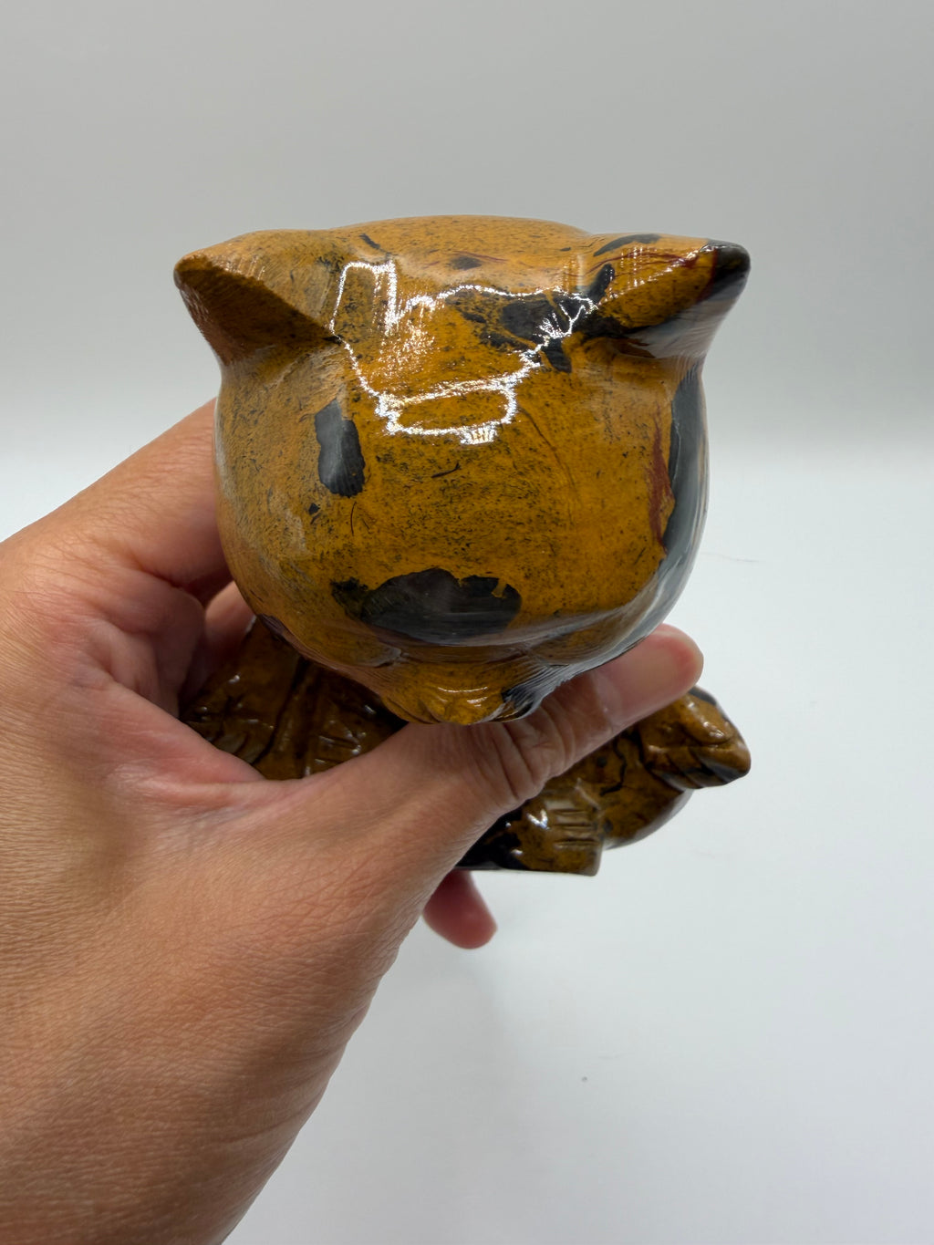 Meditating Zen Cat Yellow Jasper Carving with Dark Inclusions