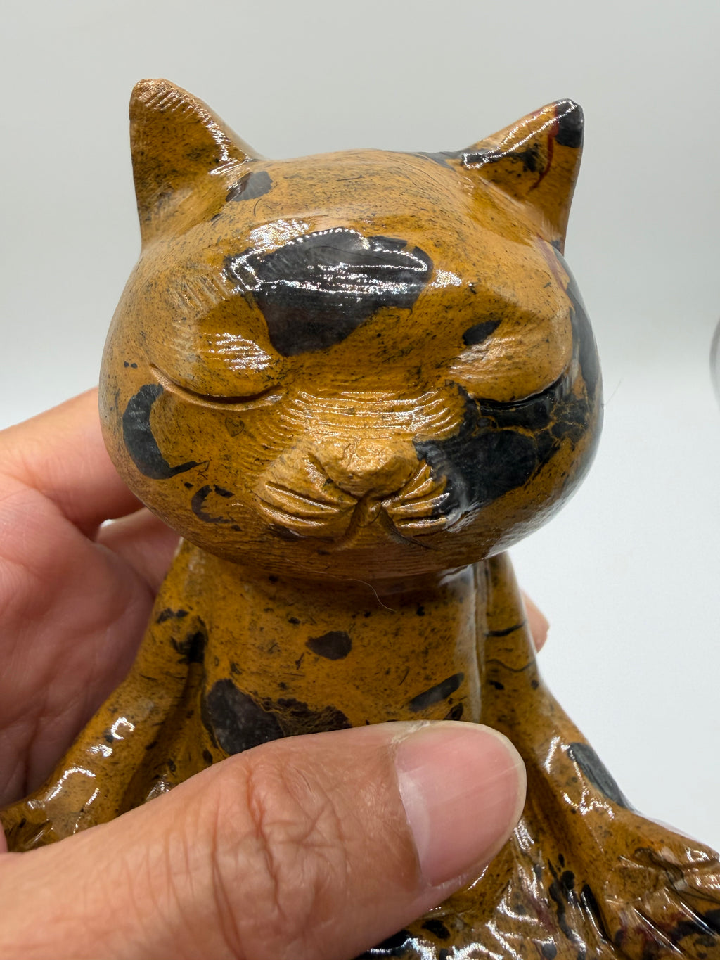 Meditating Zen Cat Yellow Jasper Carving with Dark Inclusions