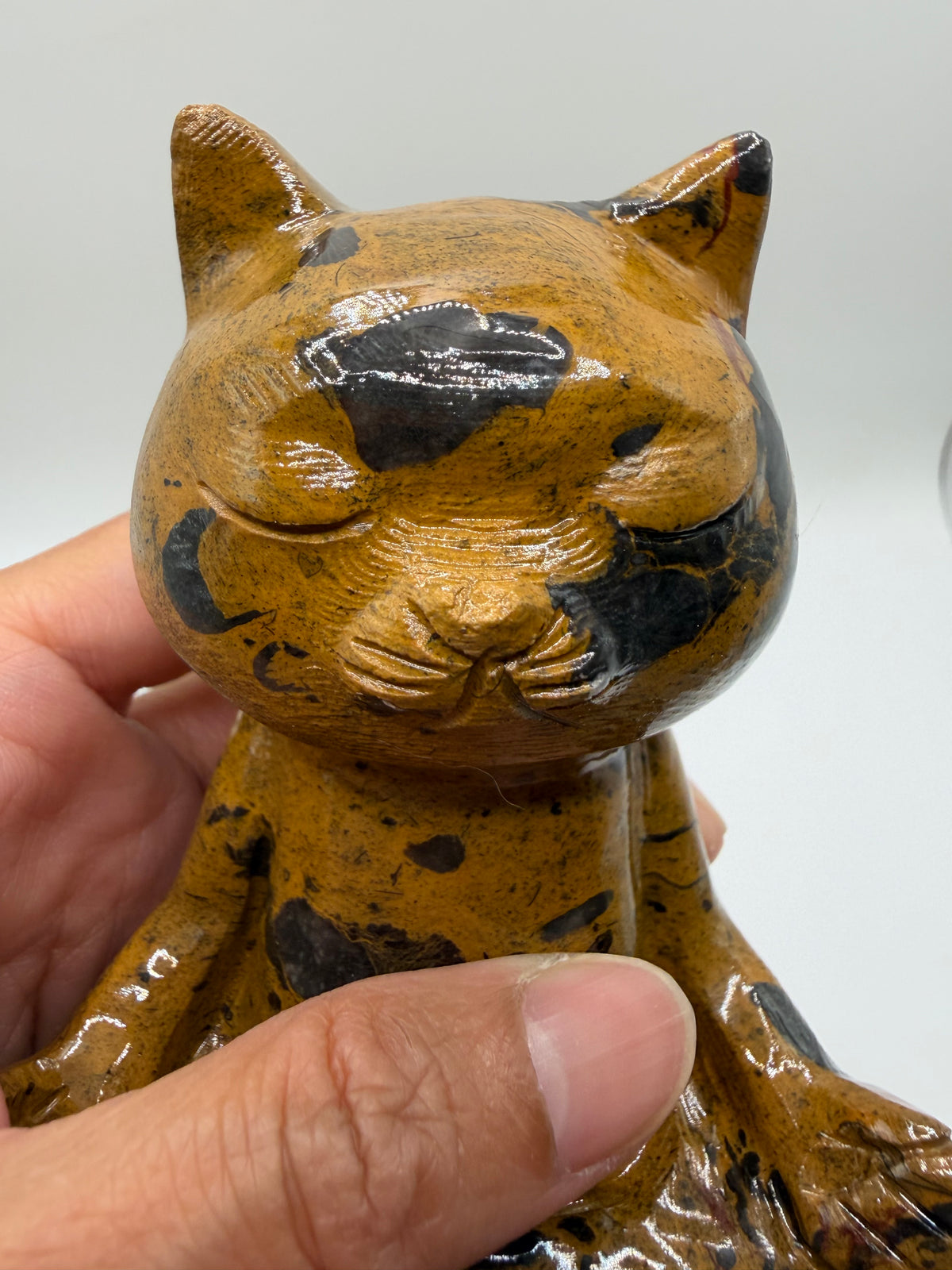 Meditating Zen Cat Yellow Jasper Carving with Dark Inclusions