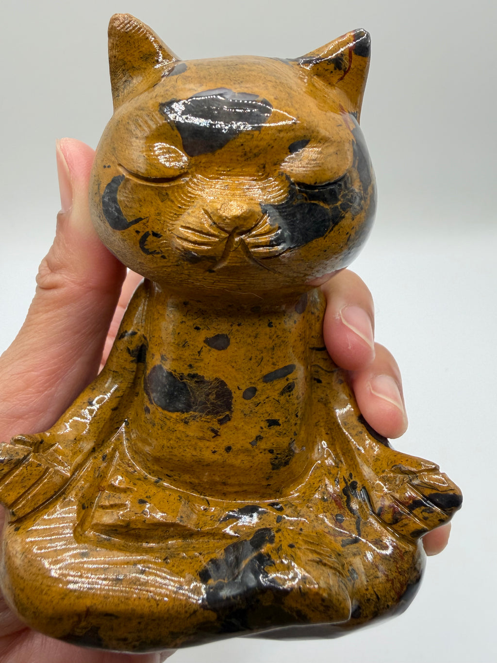 Meditating Zen Cat Yellow Jasper Carving with Dark Inclusions