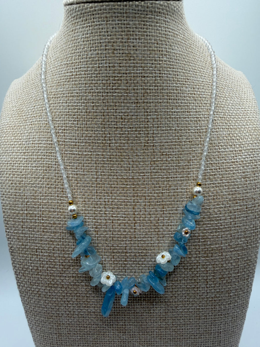 Natural Aquamarine &amp; Clear Quartz Chip Necklace with Floral Accents