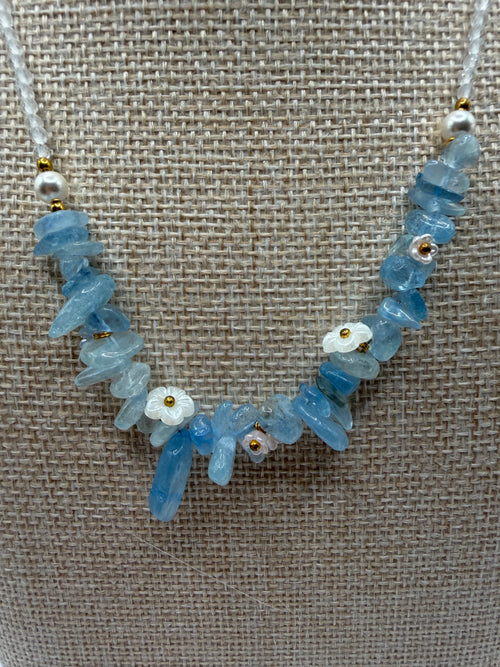 Natural Aquamarine &amp; Clear Quartz Chip Necklace with Floral Accents