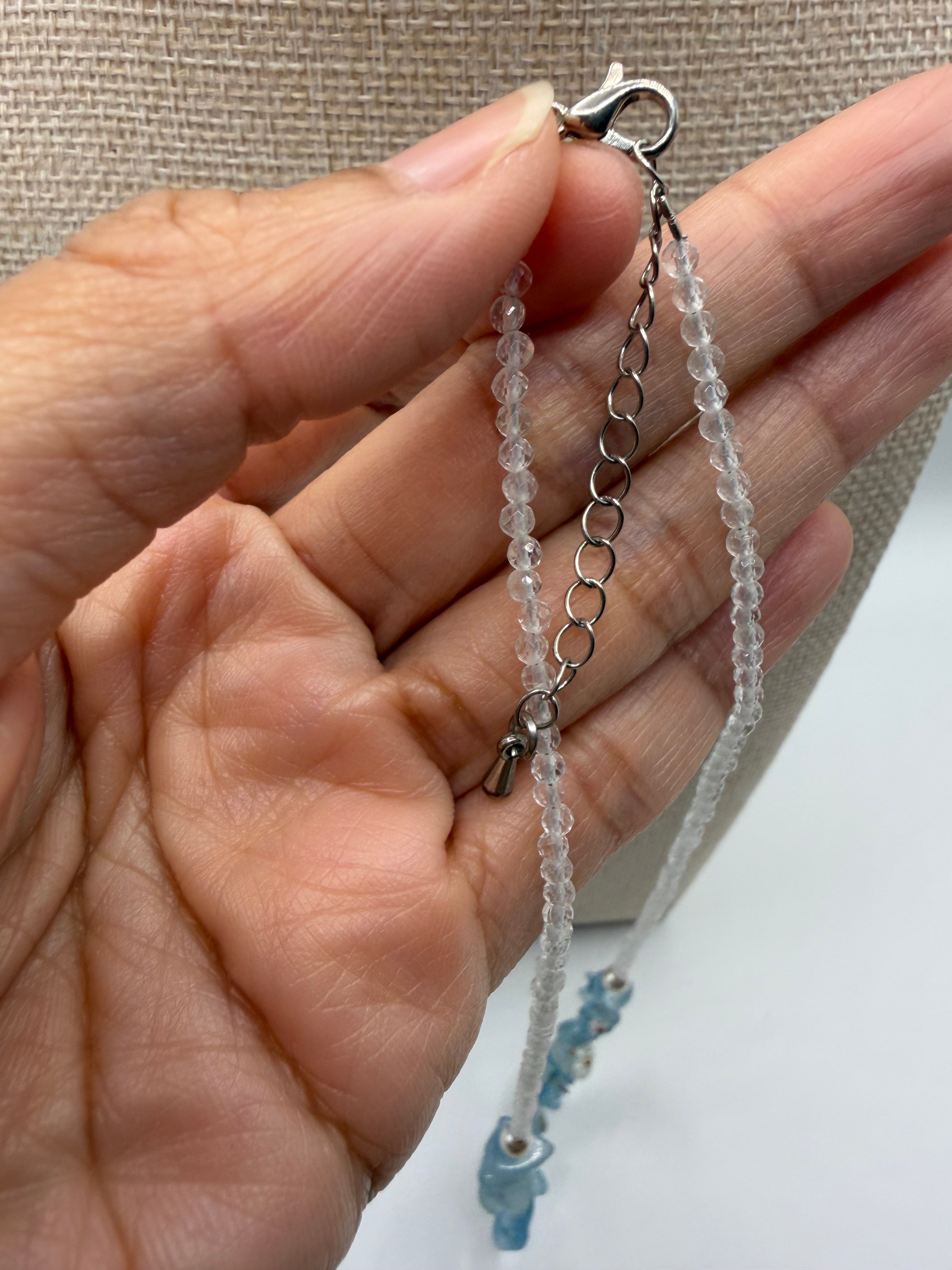 Natural Aquamarine &amp; Clear Quartz Chip Necklace with Floral Accents