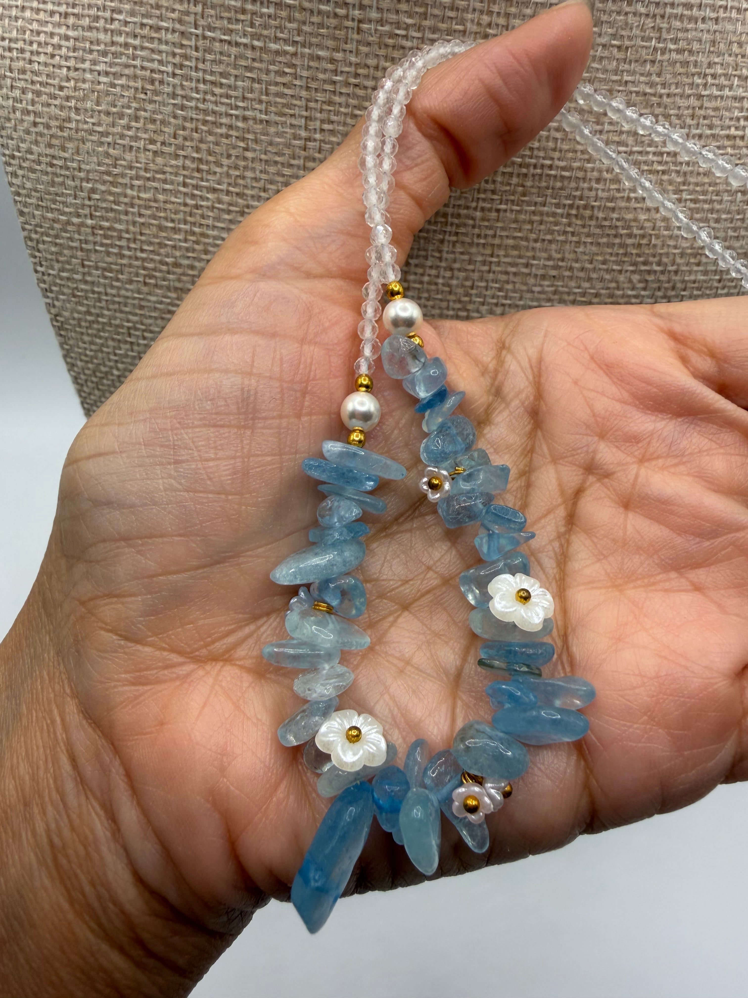 Natural Aquamarine &amp; Clear Quartz Chip Necklace with Floral Accents