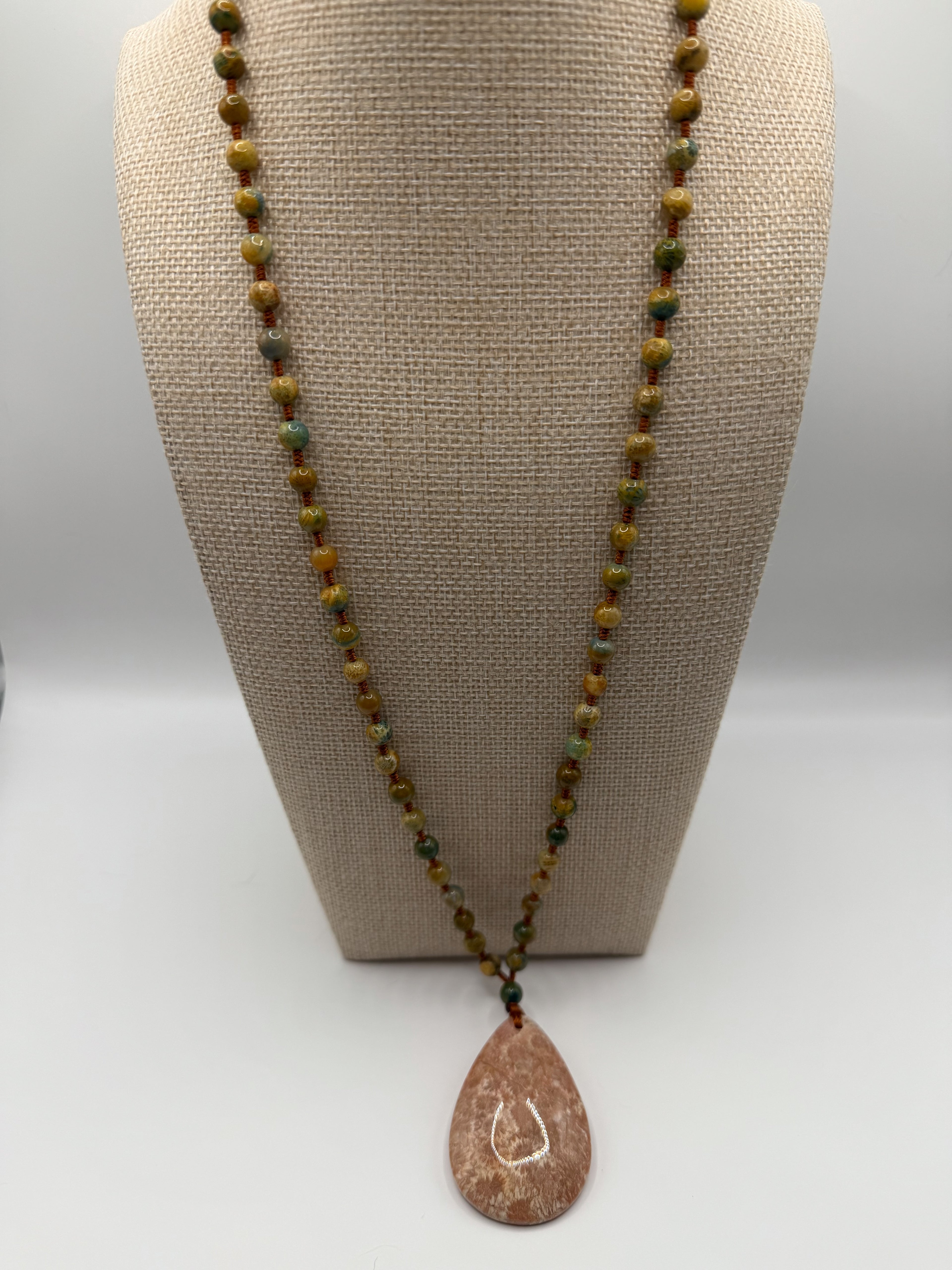Coral Agate Pendant & Natural Stone Beads Necklace