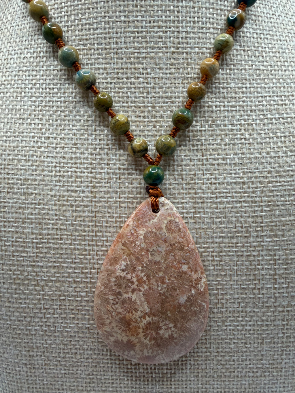 Coral Agate Pendant & Natural Stone Beads Necklace
