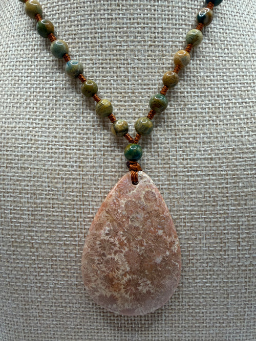 Coral Agate Pendant & Natural Stone Beads Necklace