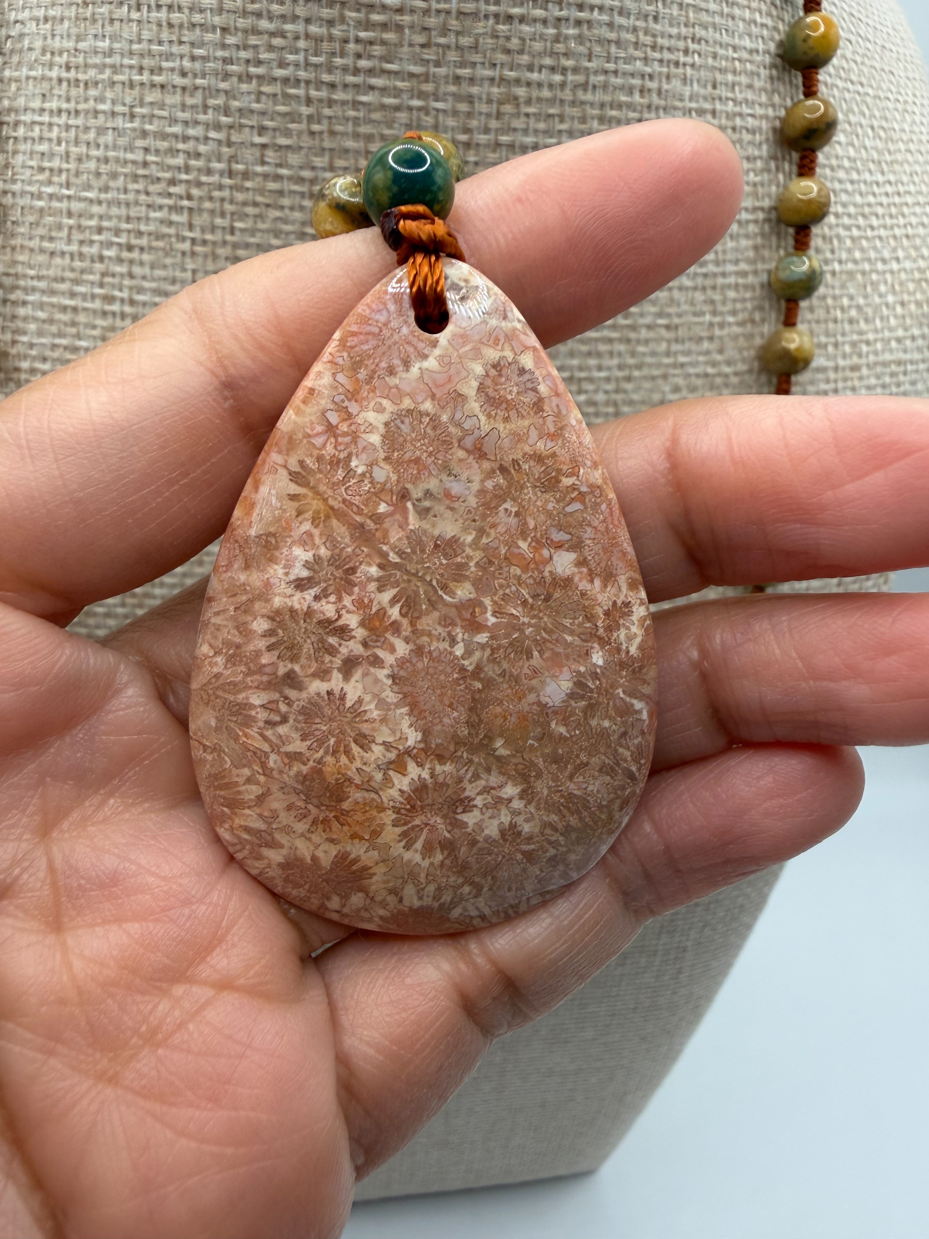 Coral Agate Pendant & Natural Stone Beads Necklace