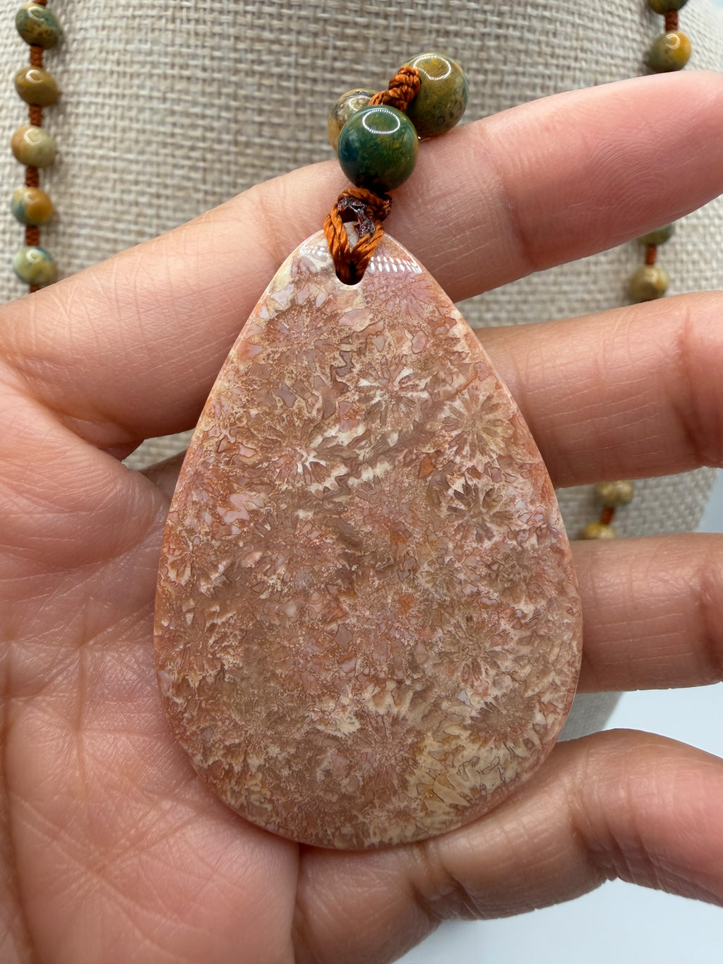 Coral Agate Pendant & Natural Stone Beads Necklace