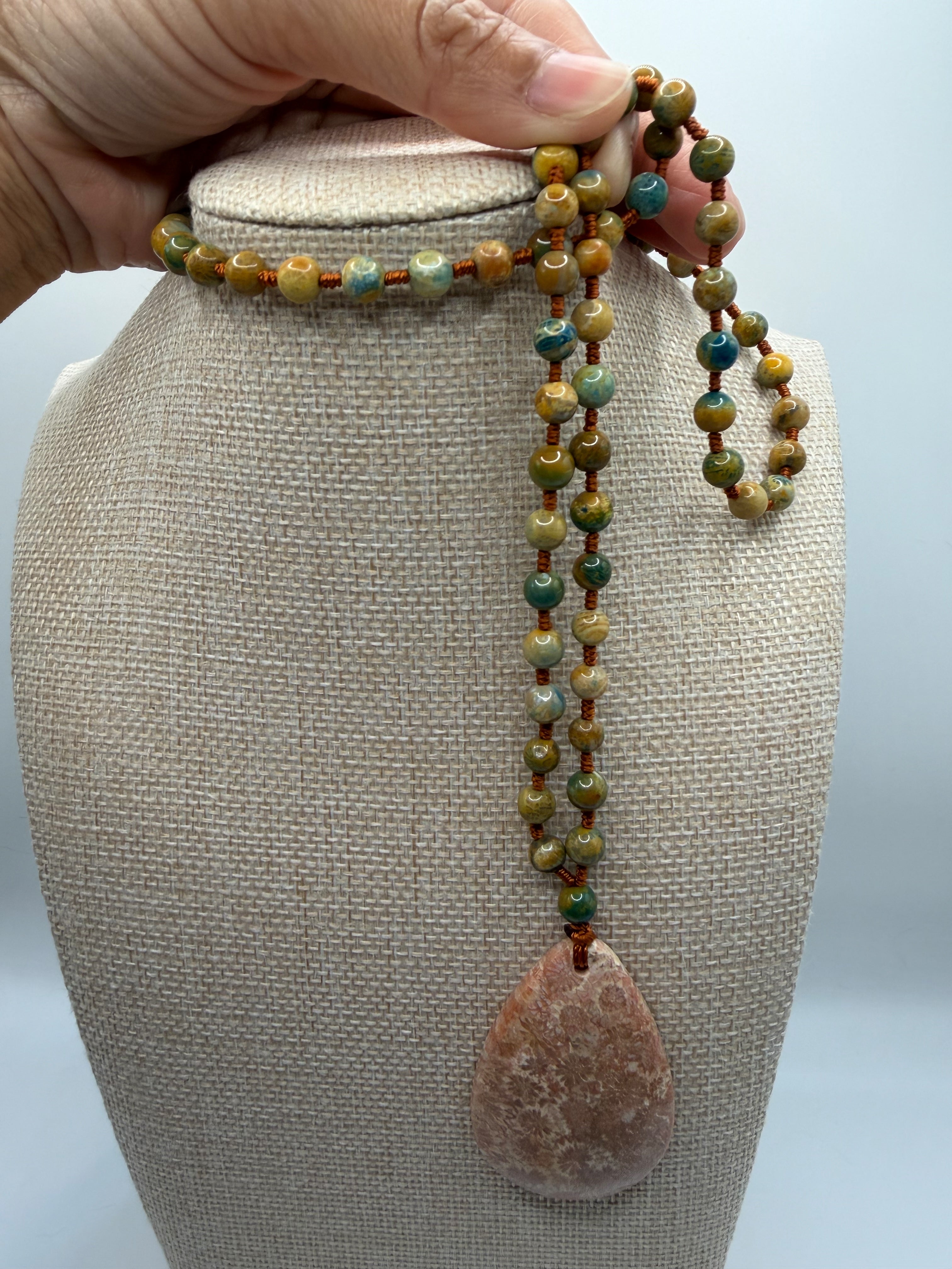 Coral Agate Pendant & Natural Stone Beads Necklace