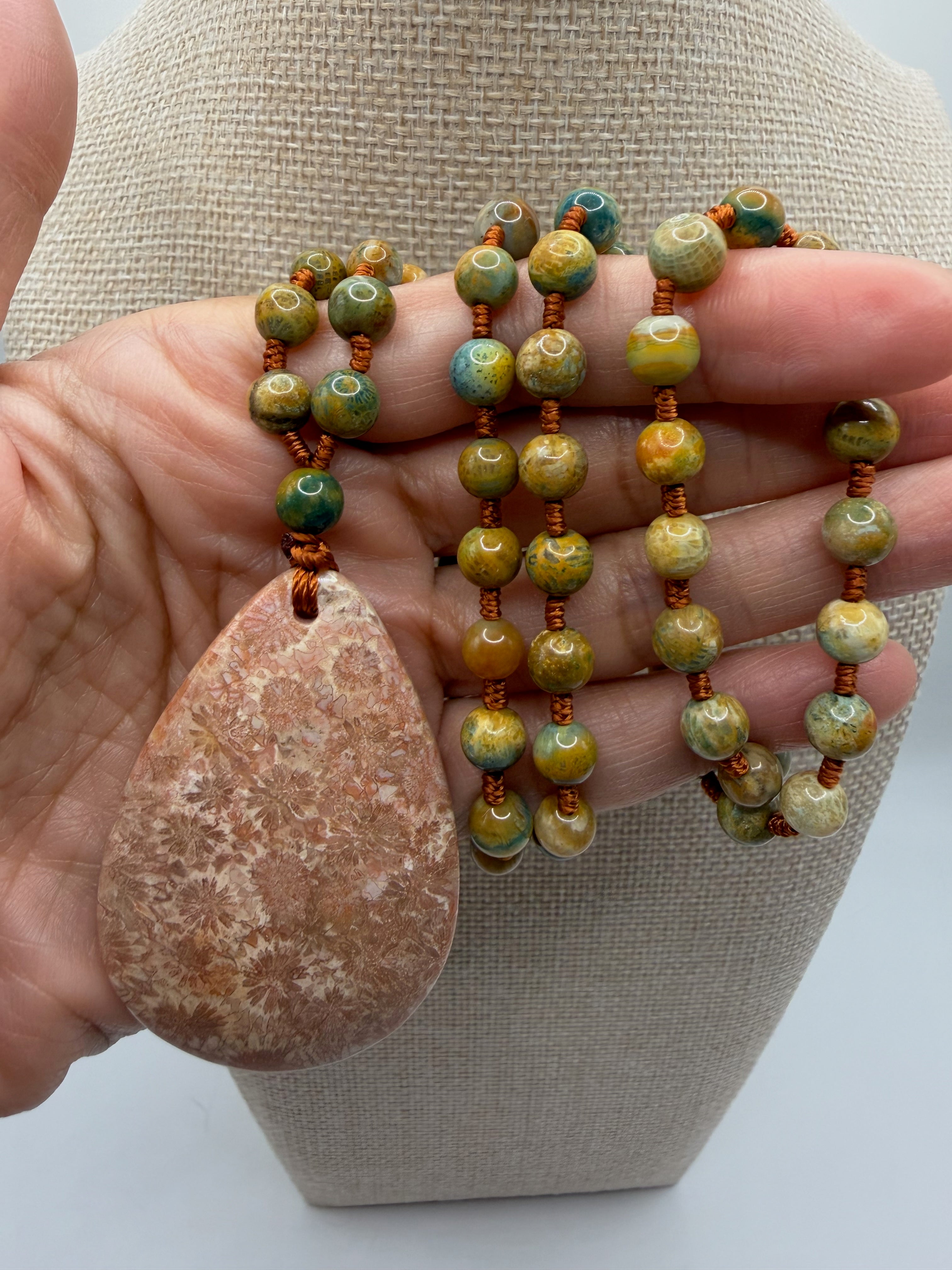Coral Agate Pendant & Natural Stone Beads Necklace