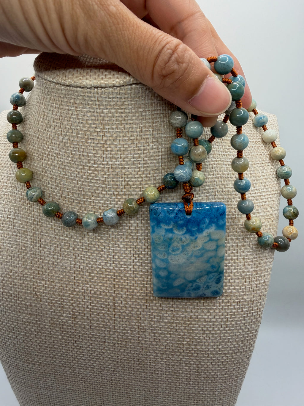 Blue Coral Agate Pendant with Beads Necklace