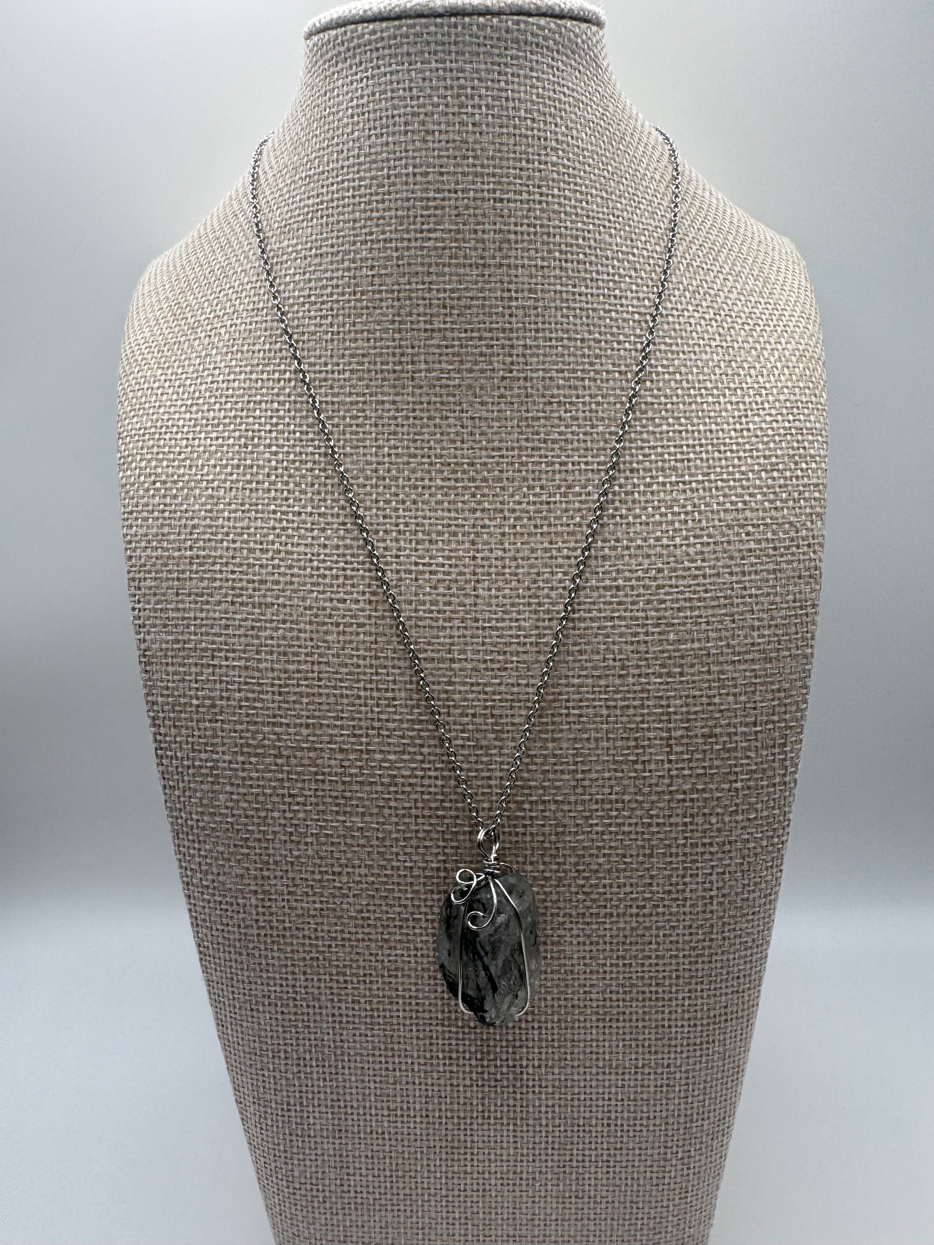Raw Green Tourmaline in Quartz Wire Wrapped Necklace