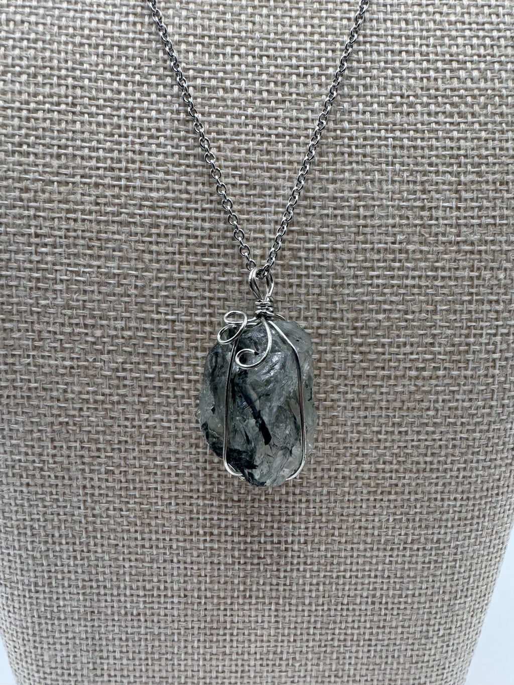 Raw Green Tourmaline in Quartz Wire Wrapped Necklace