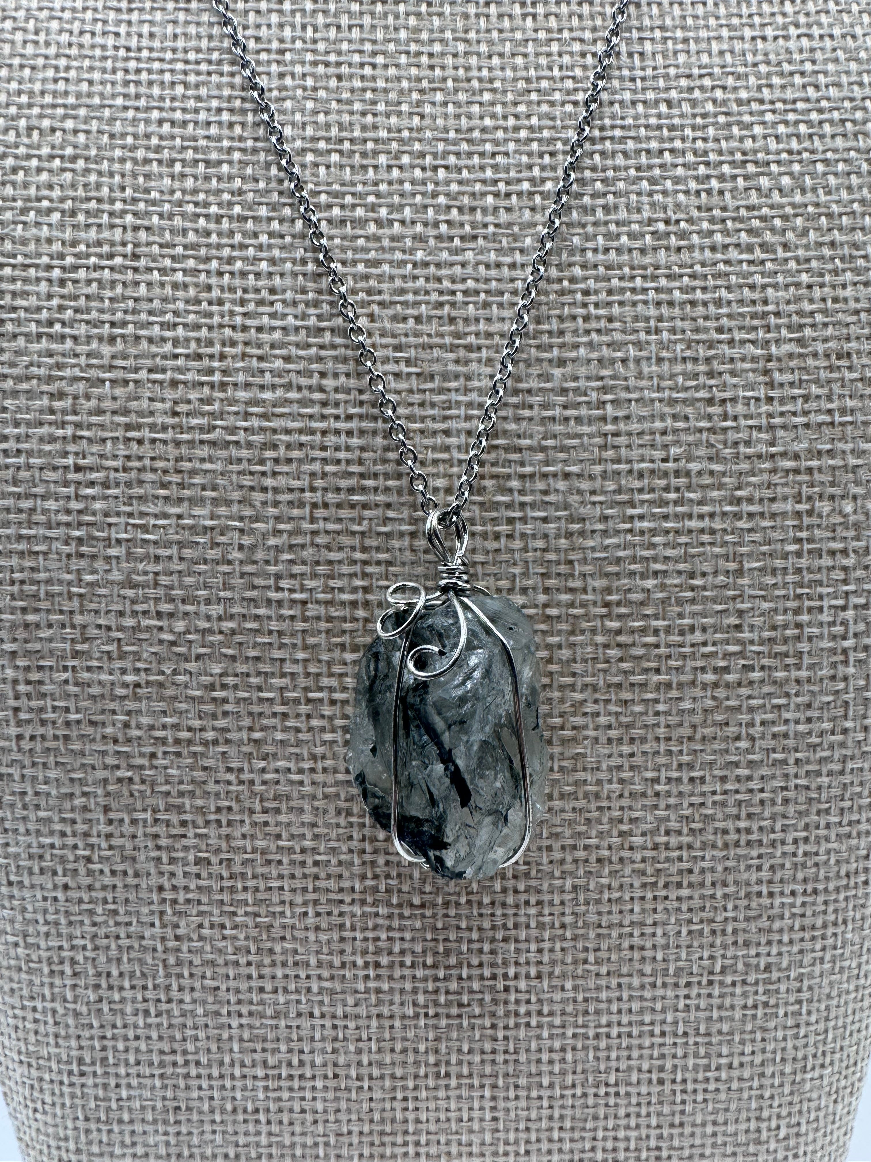Raw Green Tourmaline in Quartz Wire Wrapped Necklace