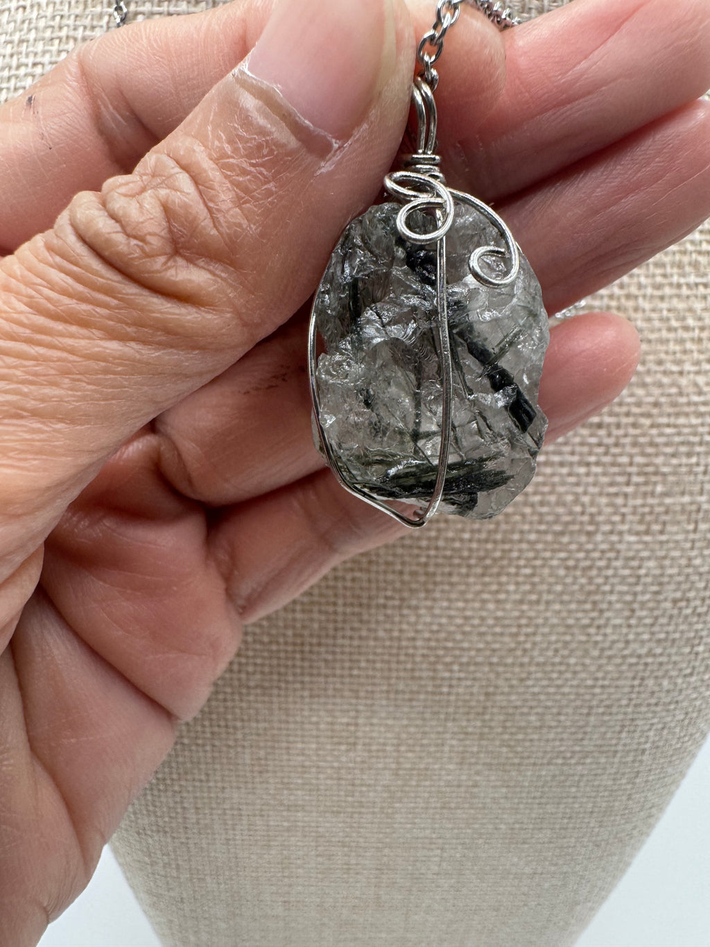 Raw Green Tourmaline in Quartz Wire Wrapped Necklace