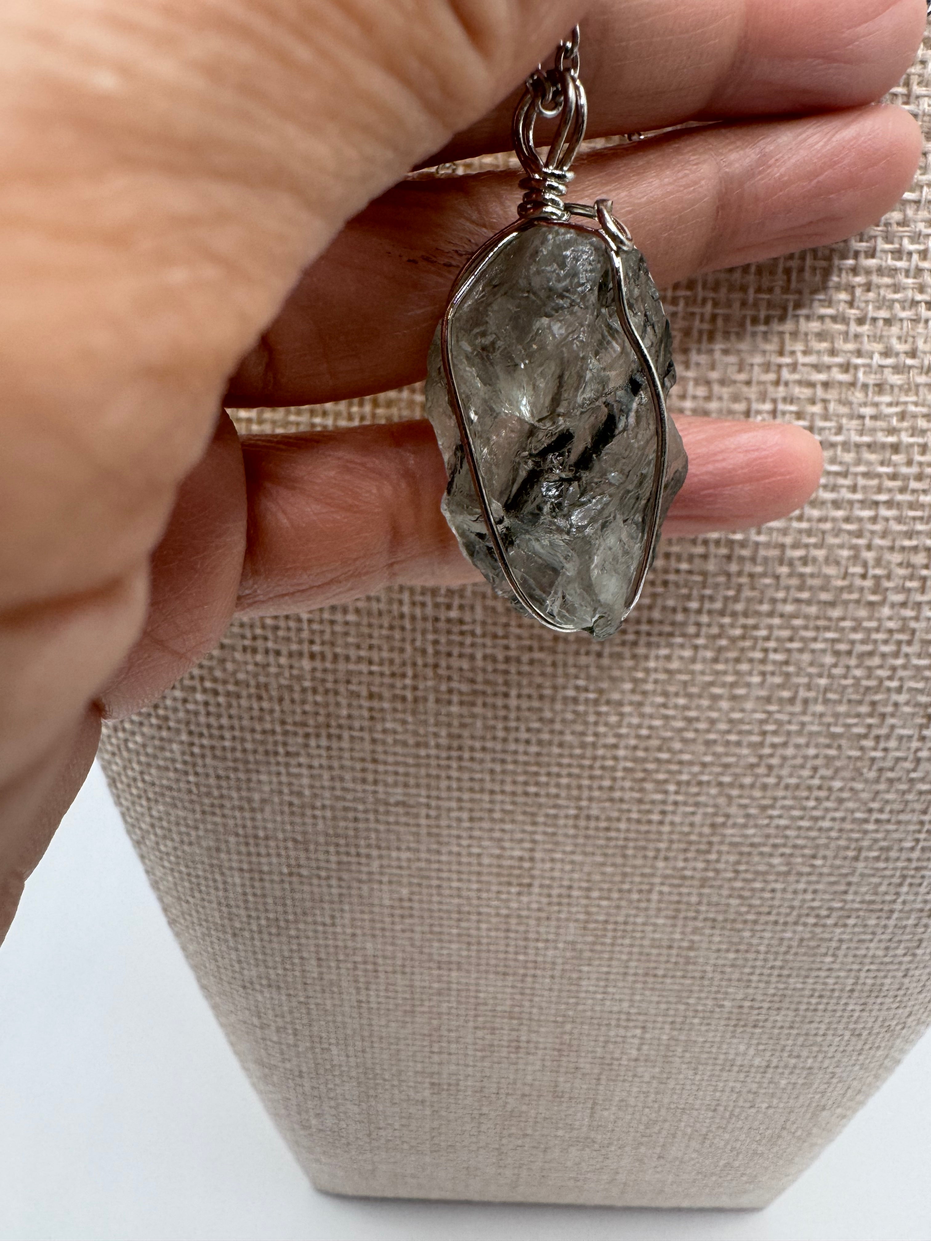 Raw Green Tourmaline in Quartz Wire Wrapped Necklace
