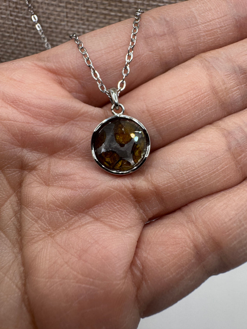 Double sided pallasite meteorite pendant necklace