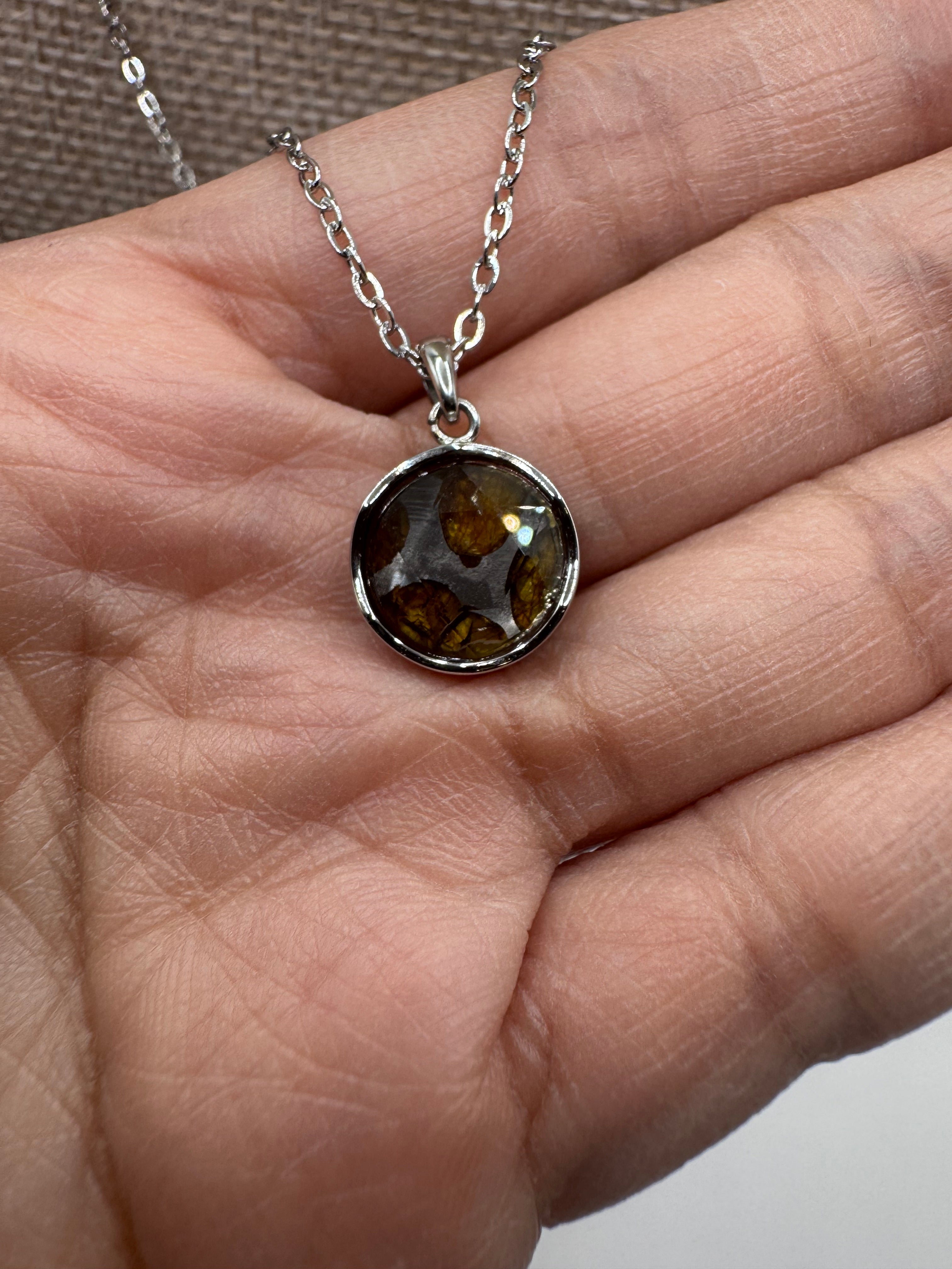Double sided pallasite meteorite pendant necklace