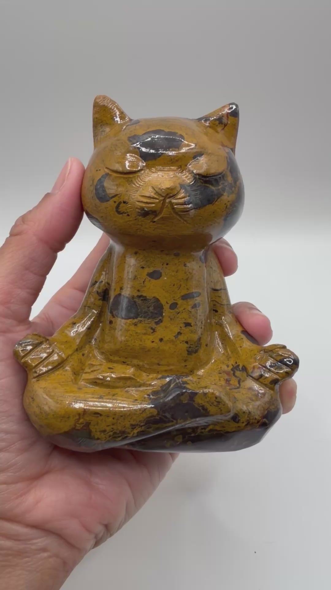 Meditating Zen Cat Yellow Jasper Carving with Dark Inclusions