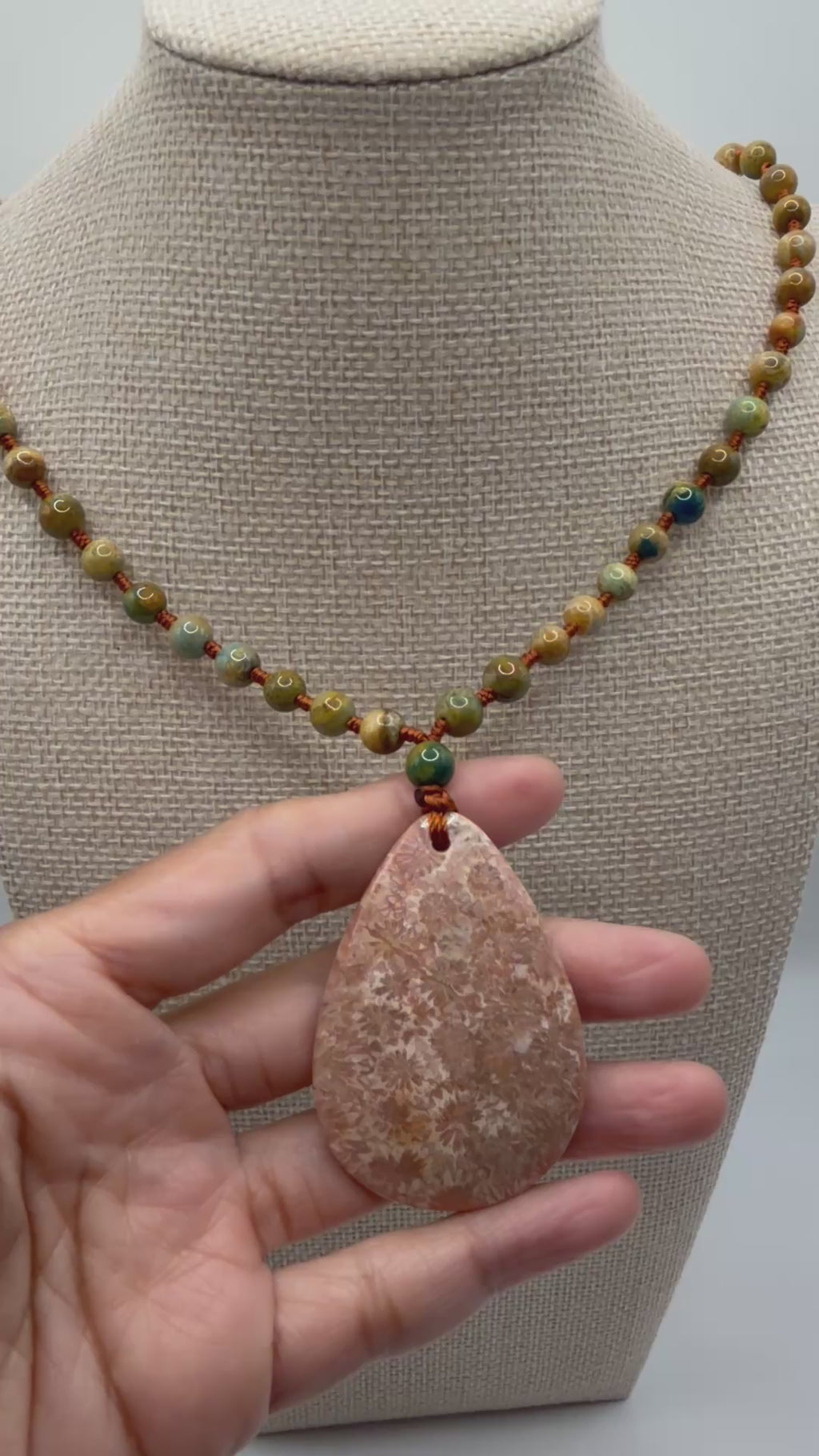 Coral Agate Pendant &amp; Natural Stone Beads Necklace
