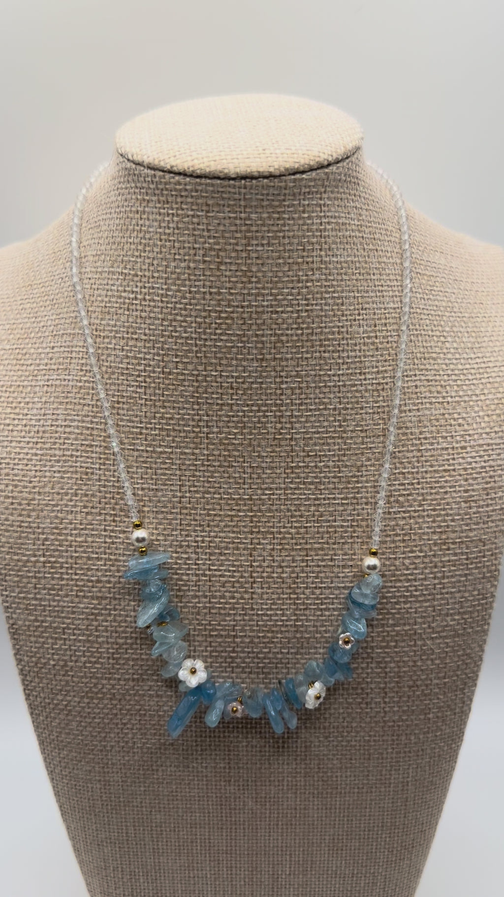 Natural Aquamarine &amp; Clear Quartz Chip Necklace with Floral Accents