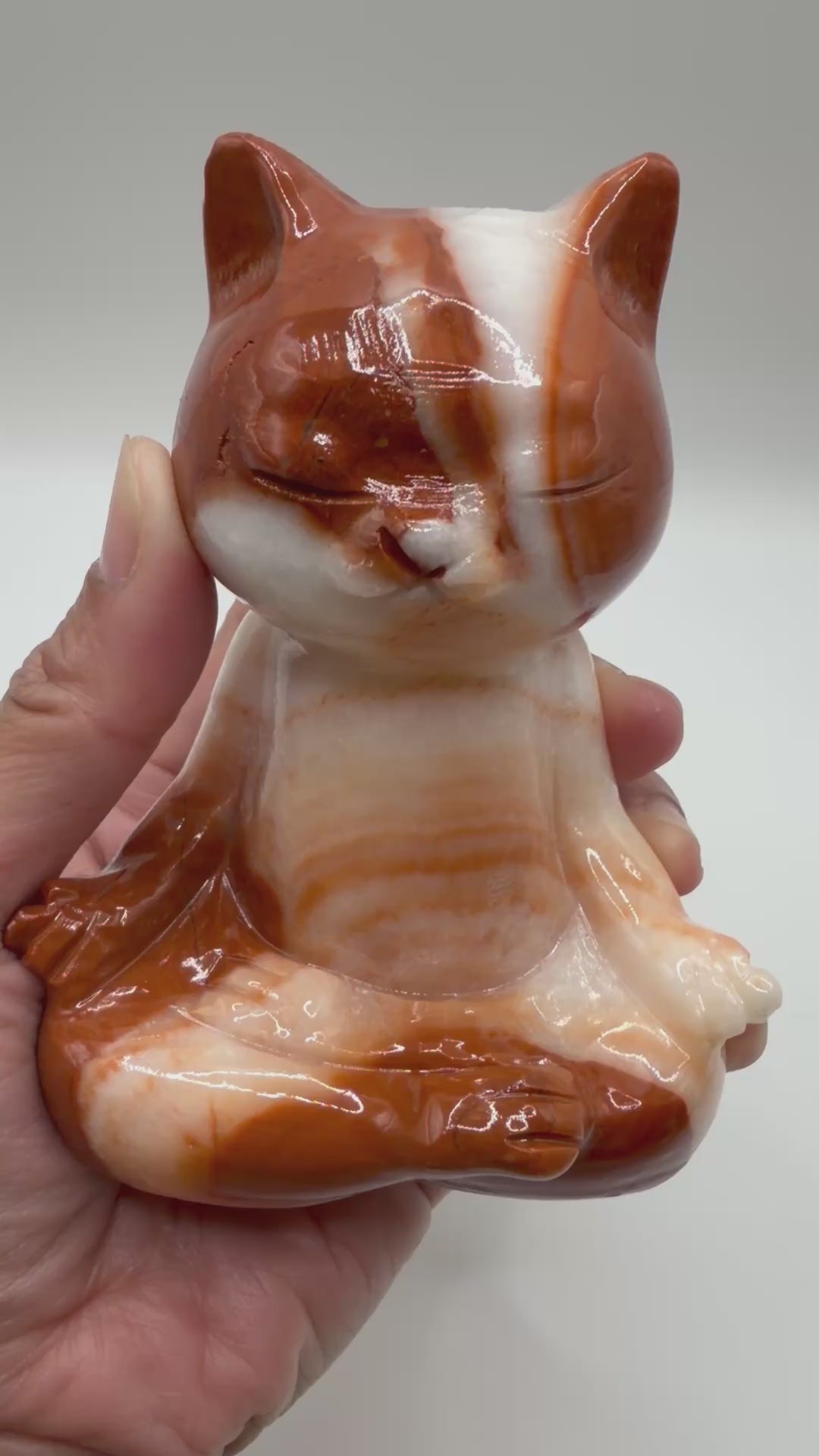 Meditating Zen Cat Orange Calcite Carving – Natural Polished Crystal Carving